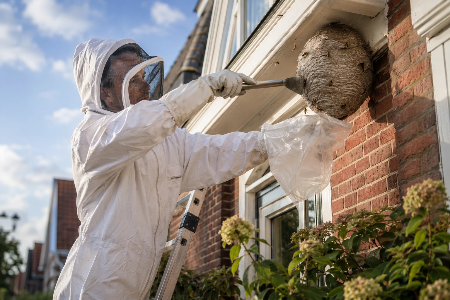 Vakman isoleert wespennest onder de dakrand van een Sittardse woning