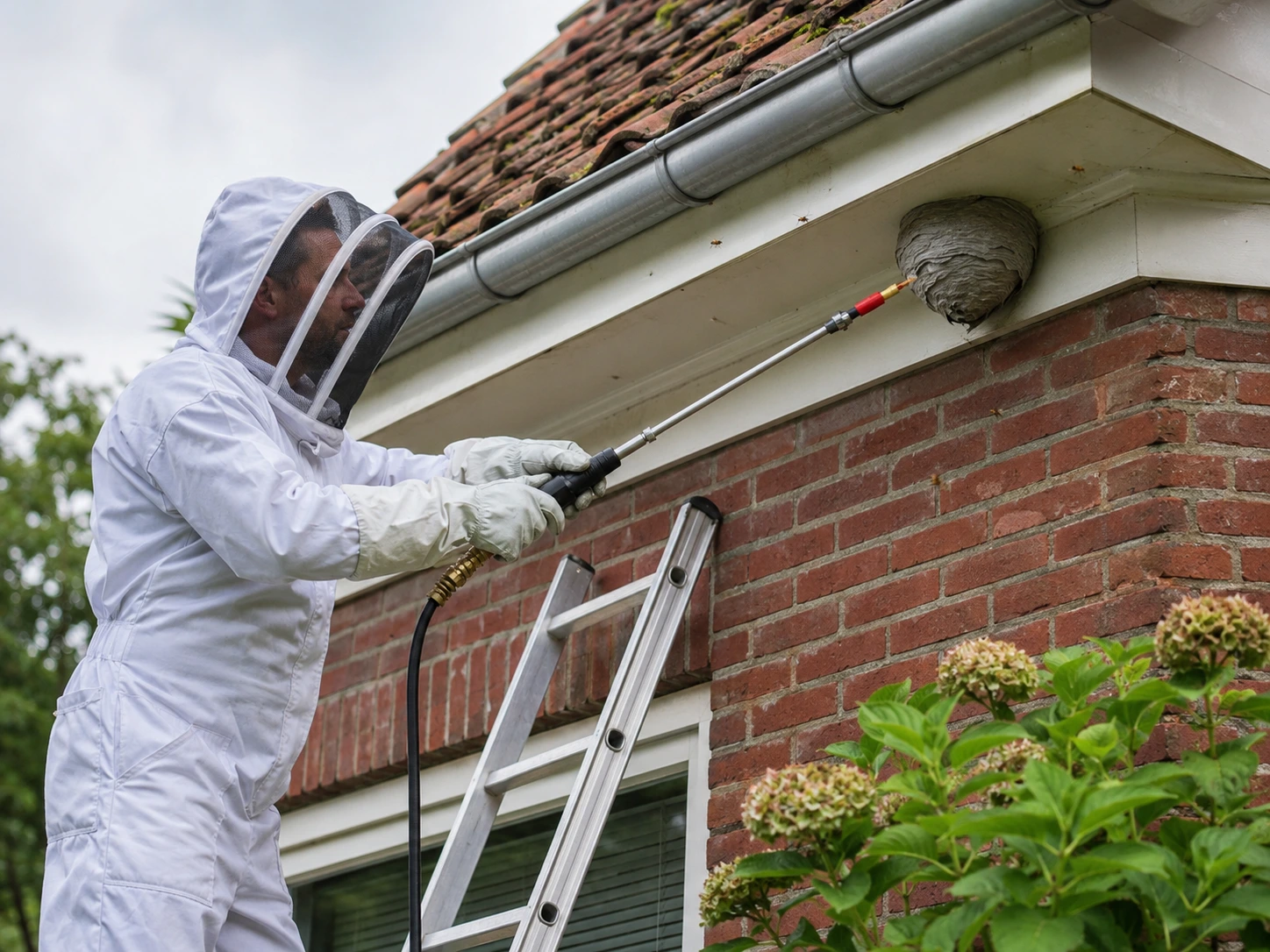 Specialist neutraliseert wespennest in mergelsteen-spleet van een Sittards pand